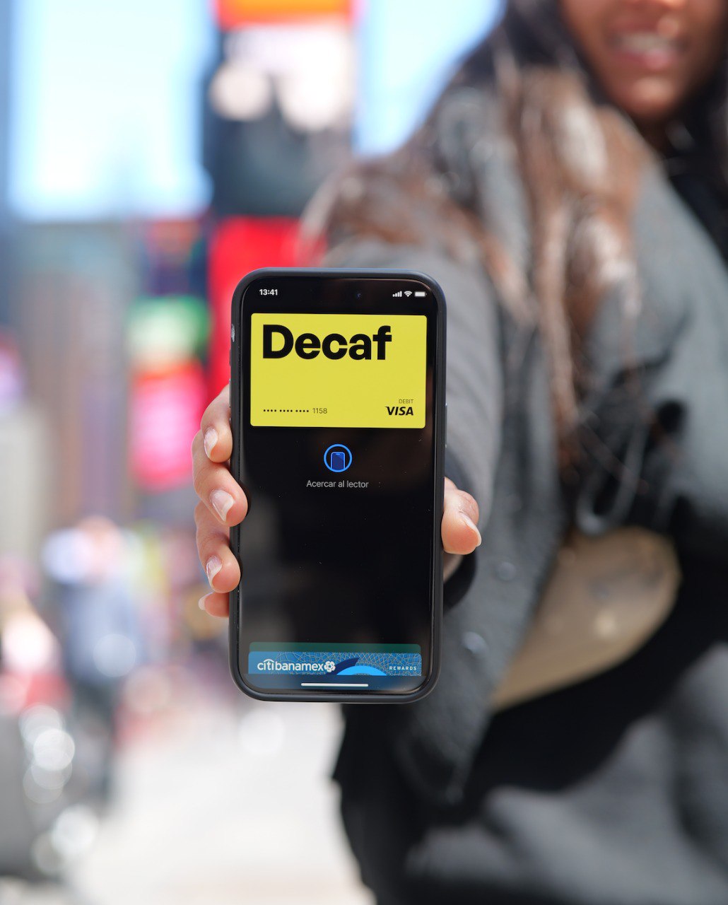 Decaf virtual VISA card with yellow branding on black background