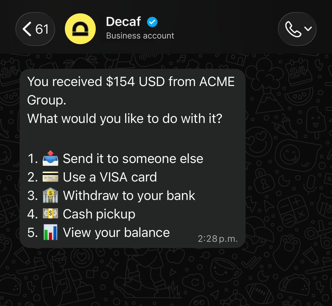 Screenshot of WhatsApp payment notification showing money received via Decaf