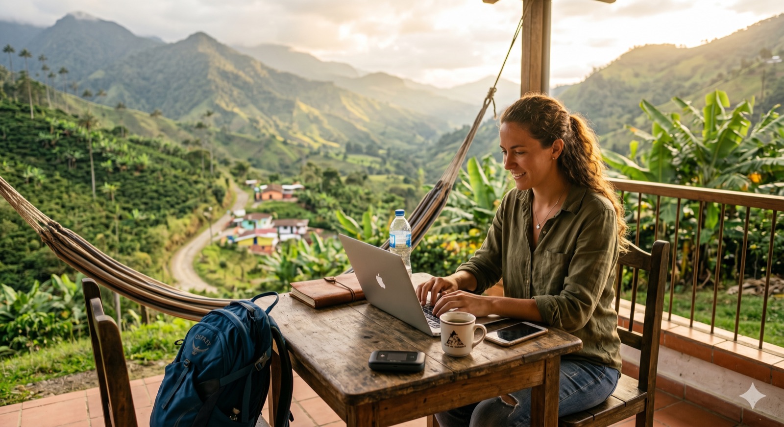 A digital nomad working on a laptop on a terrace overlooking green mountains