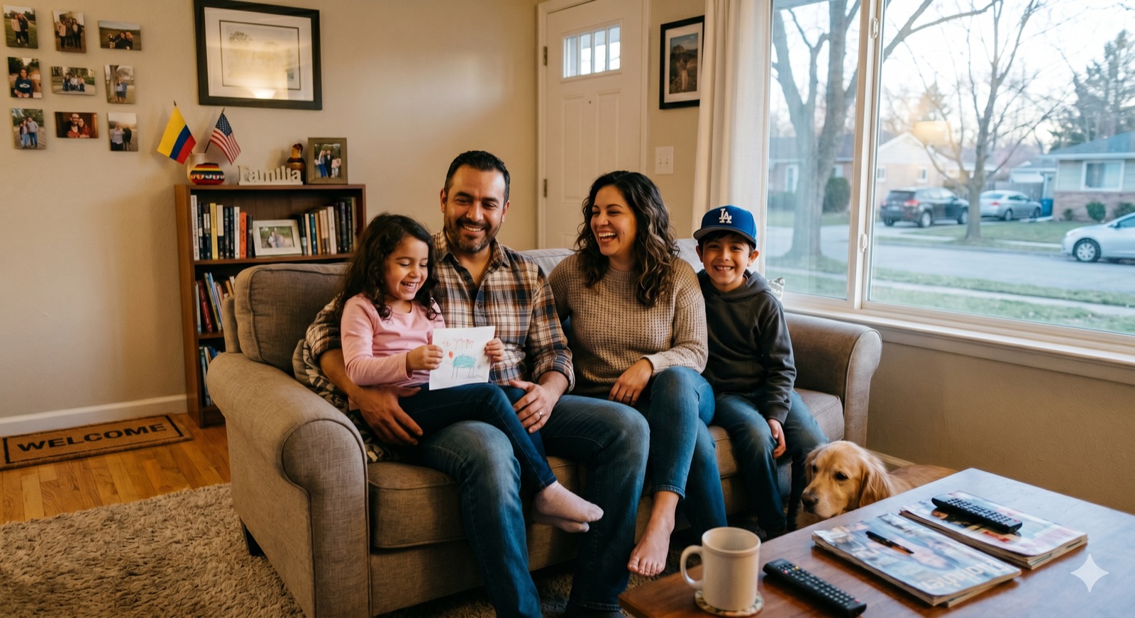 Una familia sonriendo junta en el sofá de su casa